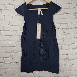 Kische Blouse Womens L Navy Blue Cap Sleeve Ruffle Top New NWT
